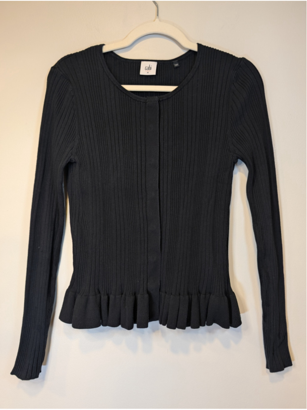 Cabi Black Party Cardi Ruffle Hem Ribbed Knit Snap Cardigan Sweater Medium
